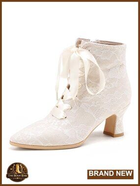 Victorian Lace Up Ankle Boots Ribbon Pointed Toe Kitten Heel Wedding Booties